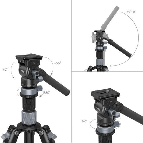 360° pan and tilt head on black tripod with angled camera mount