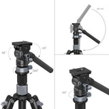 360° pan and tilt head on black tripod with angled camera mount