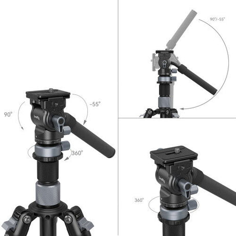 360° pan and tilt head on black tripod with angled camera mount