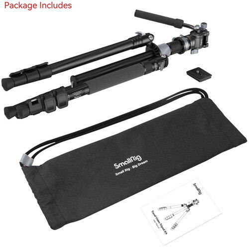 Kit contents: black tripod/monopod pieces, carry bag, and instruction sheet