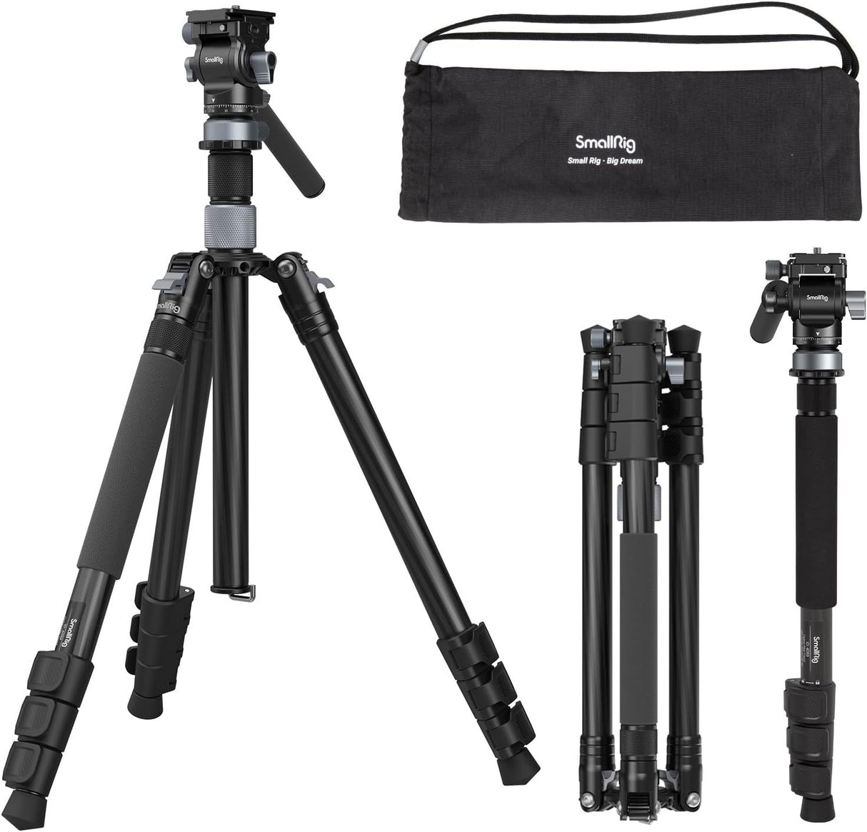 Black 2-in-1 carbon video tripod/monopod with ball head and carry bag