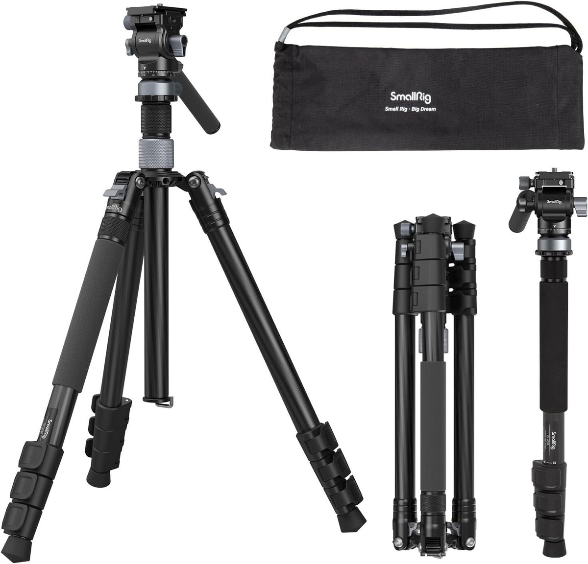 Black 2-in-1 carbon video tripod/monopod with ball head and carry bag