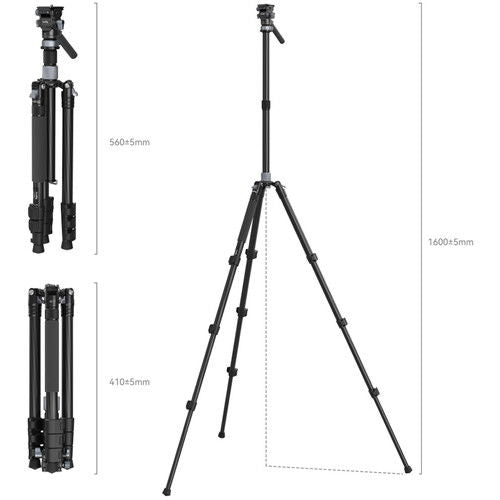 Tripod with marked height ranges and inset views of legs and head