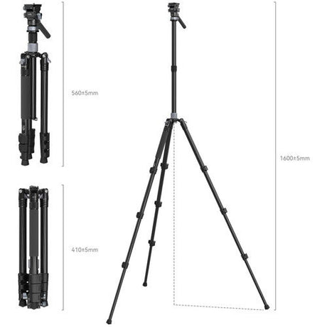 Tripod with marked height ranges and inset views of legs and head