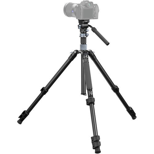Black video monopod with handle and head attachment, adjustable legs