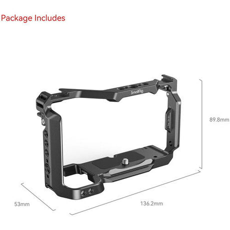 Camera cage frame with front cutout, rear bracket, and multiple side mounting holes