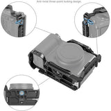 Camera cage with anti-twist three-point locking and side cutouts for camera controls