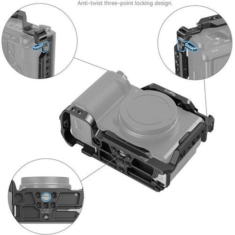 Camera cage with anti-twist three-point locking and side cutouts for camera controls