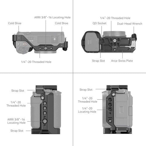 Camera cage with cold-shoe mounts, ARRI locating holes, 1/4-20 threads, and strap slots