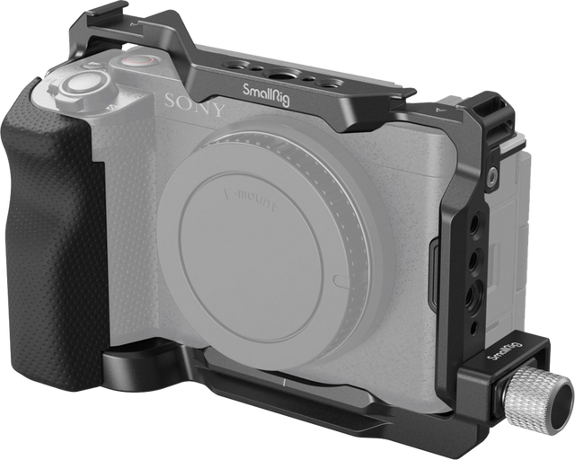 Camera cage kit with top handle and accessory mounting holes, dark gray