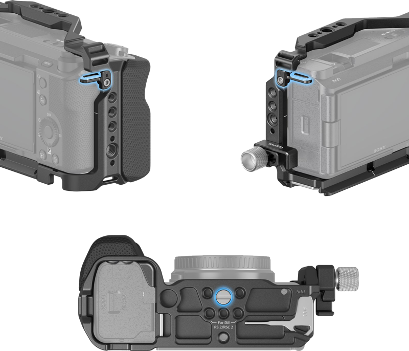 Camera cage with blue indicator accents and side handle, accessory mounting points