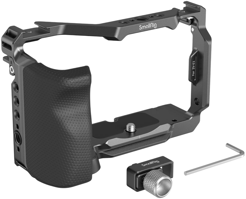 Camera cage frame with textured side grip and adjustable mounting plate, dark gray