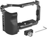 Camera cage frame with textured side grip and adjustable mounting plate, dark gray
