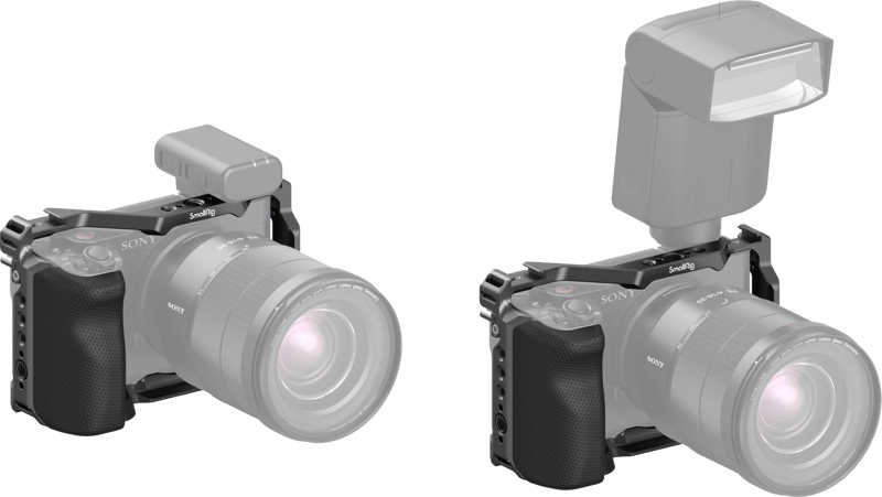Camera cage kit with top mount and textured handgrip, lens-facing view