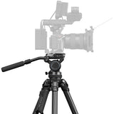 Tripod kit with hydraulic head and pan base, front view of mounting plate