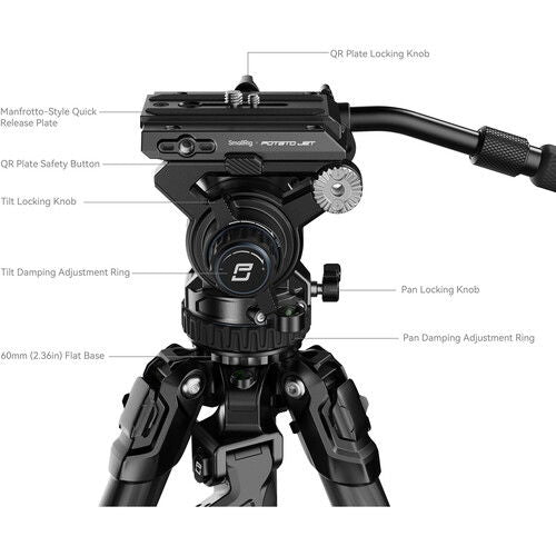 Hydraulic tripod head close-up with pan and tilt locking knobs
