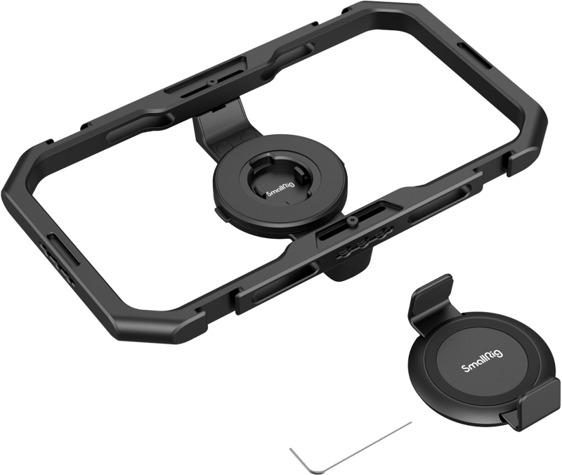 Black universal quick release phone cage with circular base and side control lever.