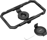 Black universal quick release phone cage with circular base and side control lever.