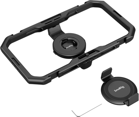 Black universal quick release phone cage with circular base and side control lever.