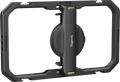 Universal quick release phone cage with hinged handle and protective frame, black.