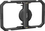 Universal quick release phone cage with hinged handle and protective frame, black.