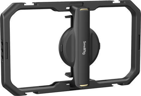 Universal quick release phone cage with hinged handle and protective frame, black.