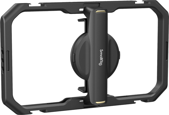 Universal quick release phone cage with hinged handle and protective frame, black.