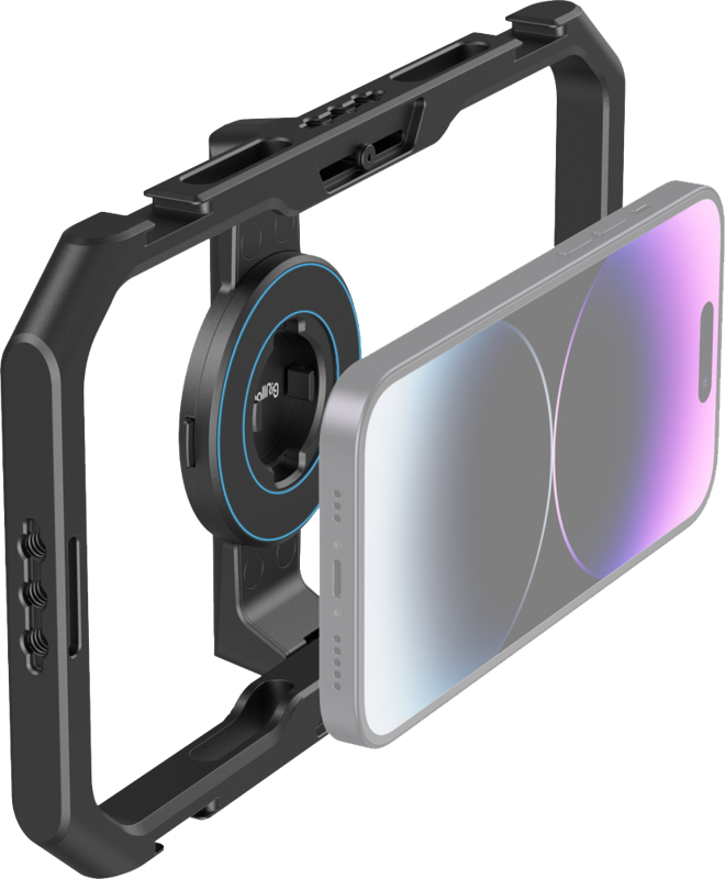 Black phone mounting cage with circular quick-release plate and side alignment dial.