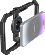 Black phone mounting cage with circular quick-release plate and side alignment dial.