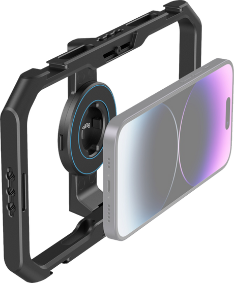 Black phone mounting cage with circular quick-release plate and side alignment dial.