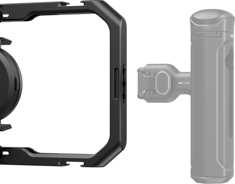 Black and light-gray phone cage with lock switch and side mounting points.