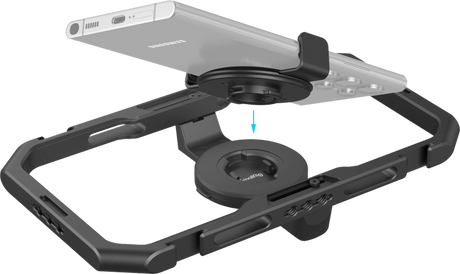 Phone cage showing top plate and circular quick-release base for mounting phones.
