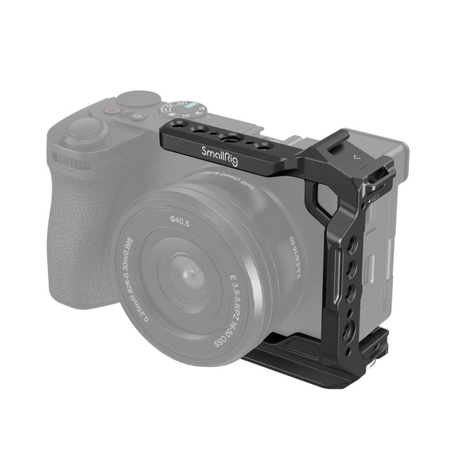 Half camera cage with side handle and mounting holes for Sony Alpha camera body