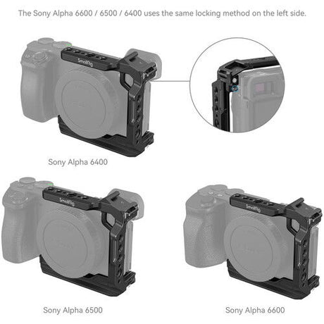 Half cage fitted to different Sony Alpha models, left-side locking mechanism
