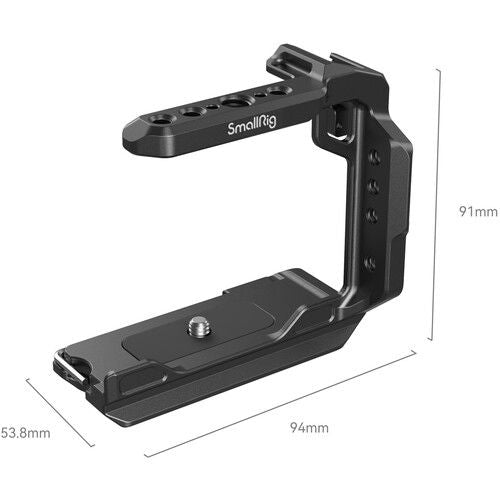 Metal half camera cage with vertical frame, showing overall dimensions and base plate