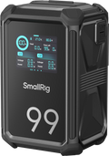 Black SmallRig V-mount battery with LCD screen showing 99