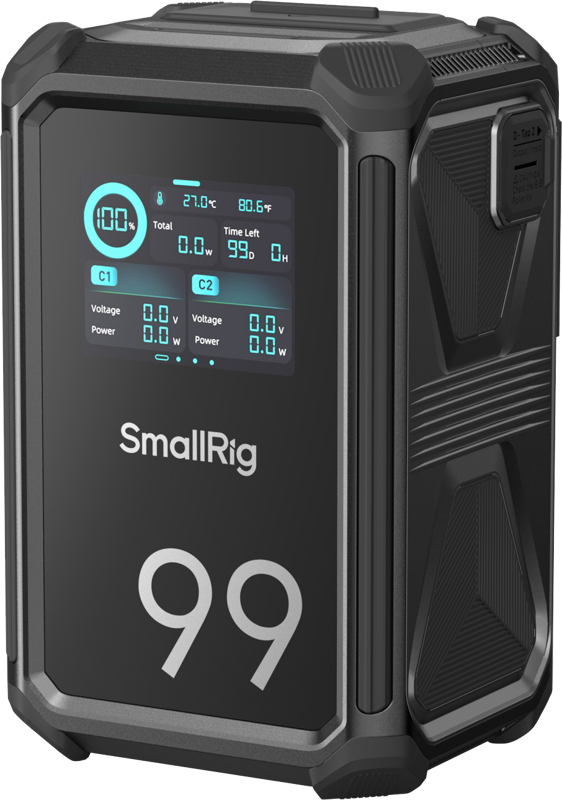 X99 V-mount battery with LCD screen showing C1/C2 and 99 on front