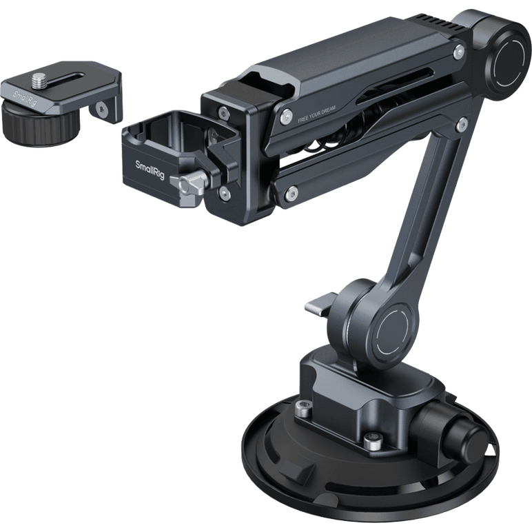 Mini shock absorber arm mount for cameras with round base and adjustable bracket, black