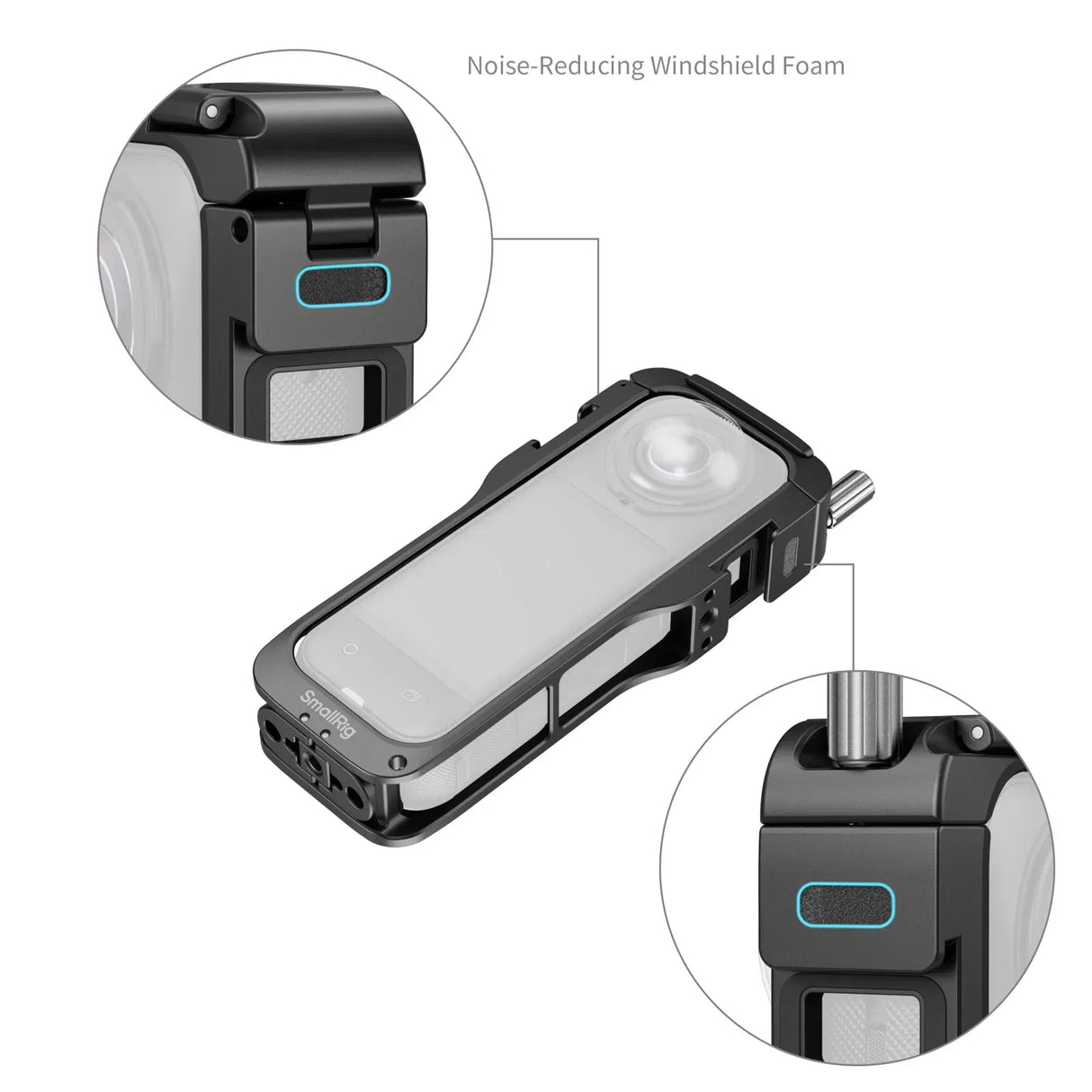 Black action camera cage with foam windscreen and tripod-style side port
