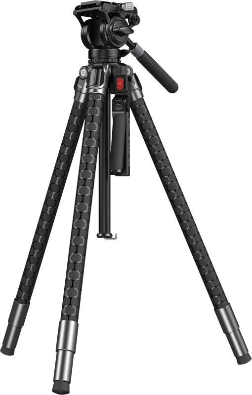 Black hydraulic tripod with adjustable pan-tilt head and hex-patterned legs