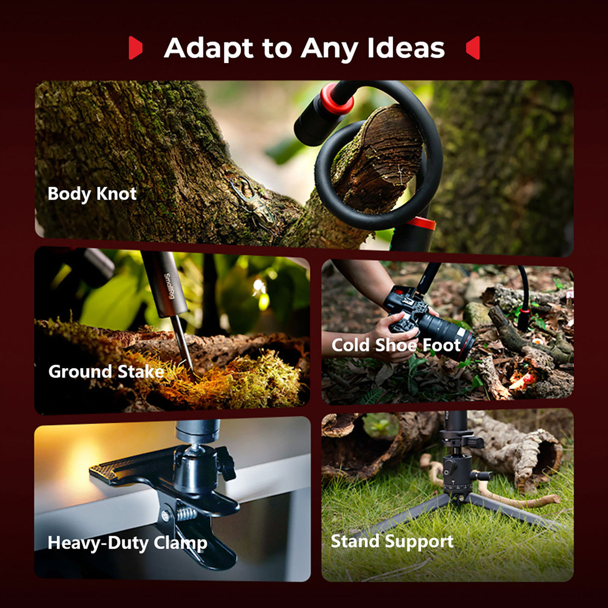 Macro LED light mounting parts: ground stake, cold-shoe foot, clamp, and stand support