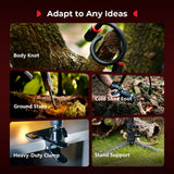 Macro LED light mounting parts: ground stake, cold-shoe foot, clamp, and stand support