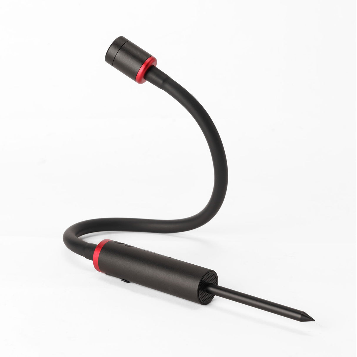 Black macro LED light with flexible gooseneck and red ring accents, slim head