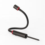 Black macro LED light with flexible gooseneck and red ring accents, slim head