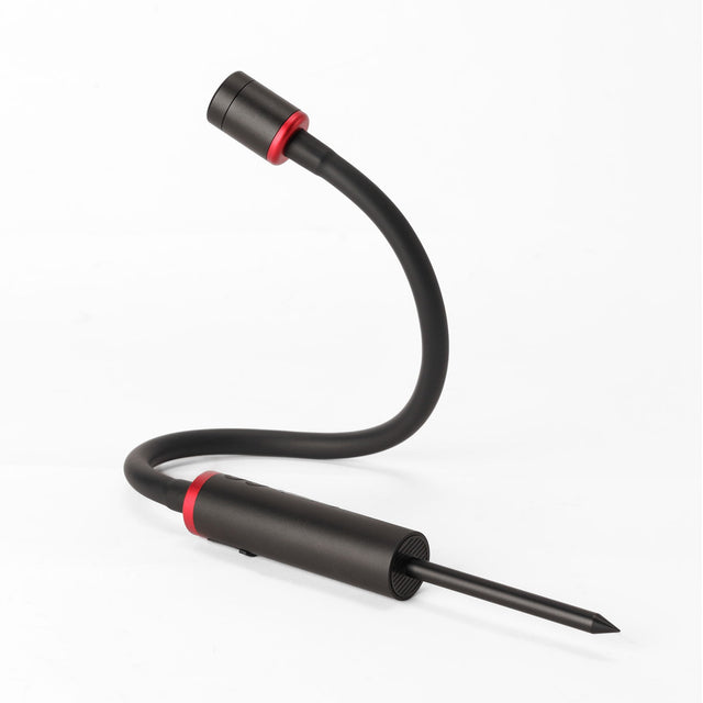Black macro LED light with flexible gooseneck and red ring accents, slim head