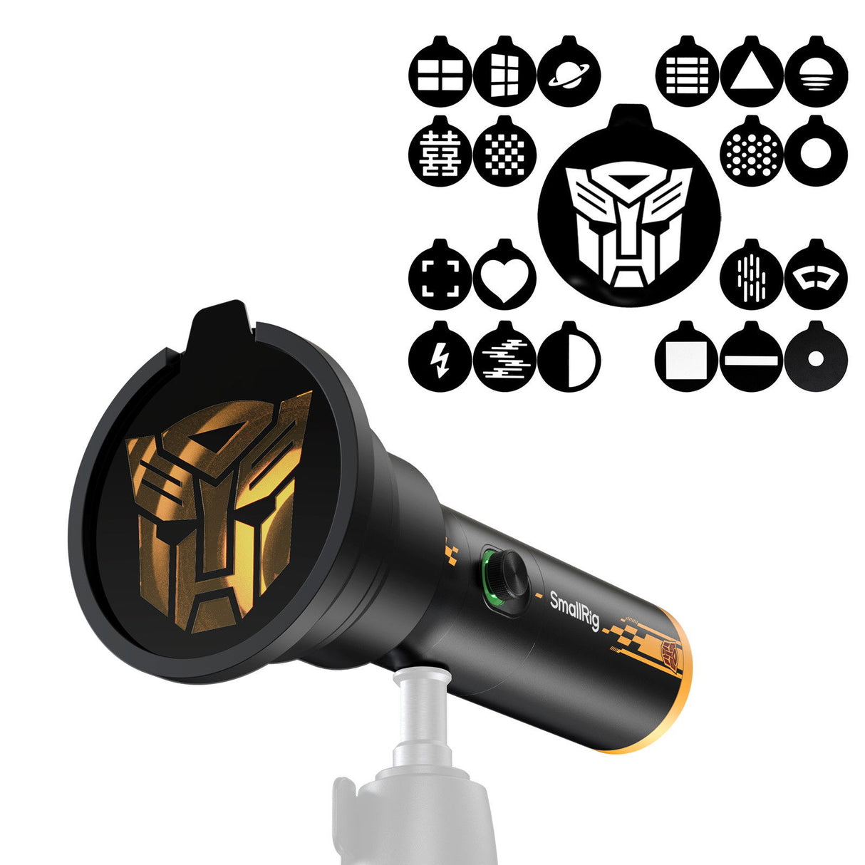 Black portable focusable LED video light with yellow rim; front lens and control area