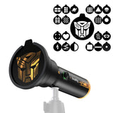 Black portable focusable LED video light with yellow rim; front lens and control area
