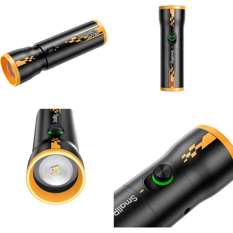 Black LED video light with yellow accents and green dial; side ports and front lens