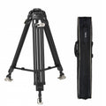 Black aluminum video tripod with three legs and compact carry bag