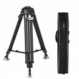 Black aluminum video tripod with three legs and compact carry bag